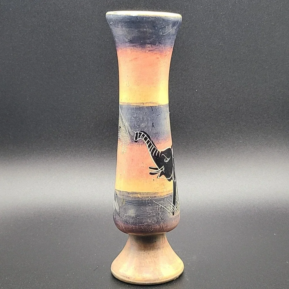 Hand Carved Soapstone Bud Vase Etched Painted Elephant Kenya Desert